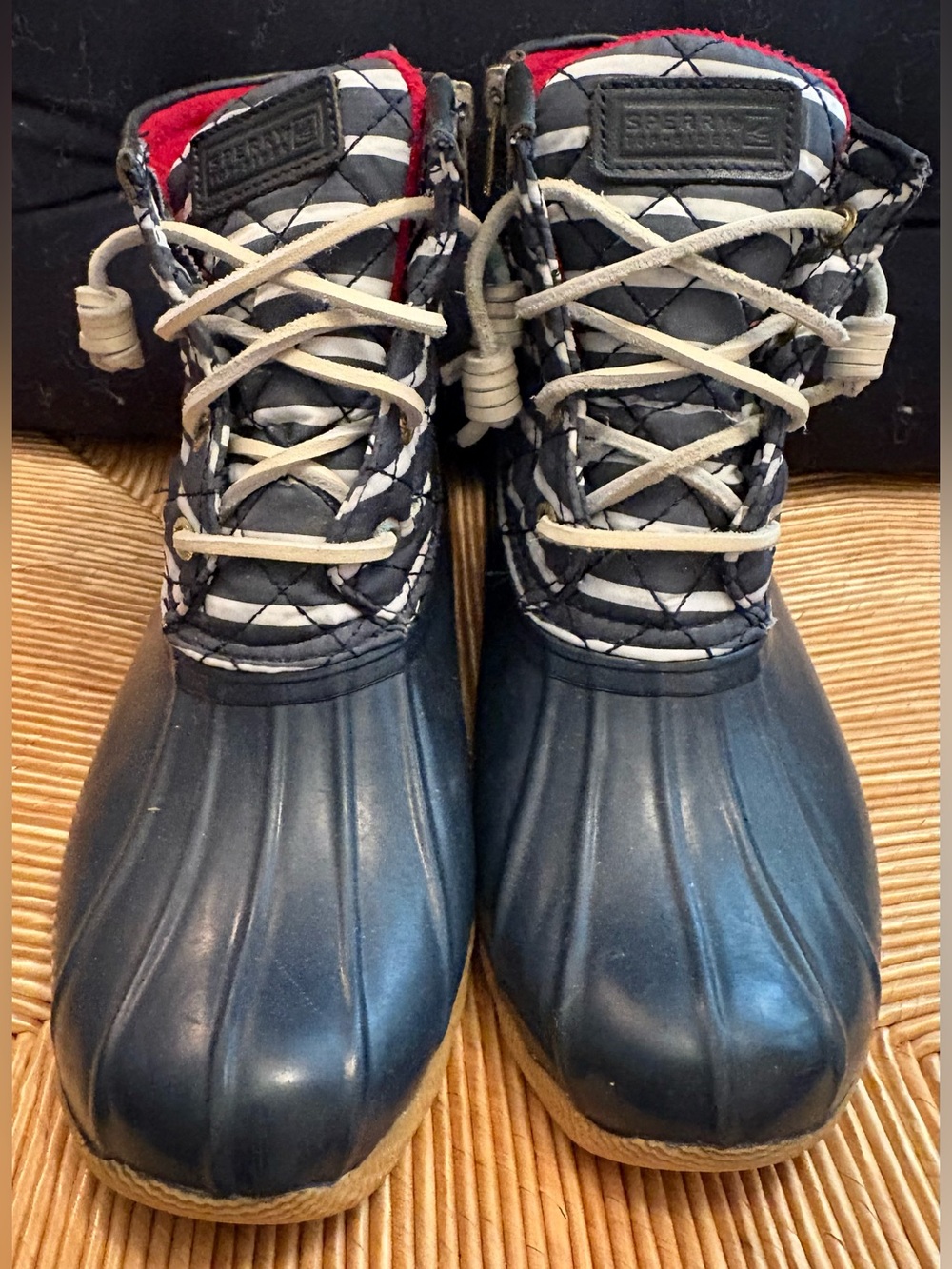Sperry Saltwater Duck Boots Navy Stripe, Size 6